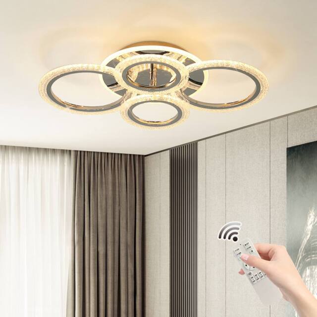 NIVOR 58W Dimmable LED Ceiling Light, 4-Ring Acrylic Chandelier Chrome Finish in Silver - image 1