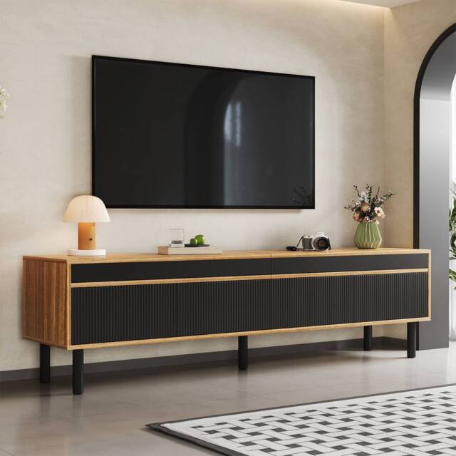 BTM 4-Door TV Cabinet in Black & Wood, Fine Texture in Natural - image 1