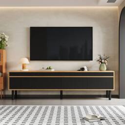 BTM 4-Door TV Cabinet in Black & Wood, Fine Texture in Natural - thumbnail 9