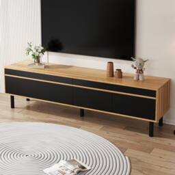 BTM 4-Door TV Cabinet in Black & Wood, Fine Texture in Natural - thumbnail 4