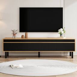 BTM 4-Door TV Cabinet in Black & Wood, Fine Texture in Natural - thumbnail 8