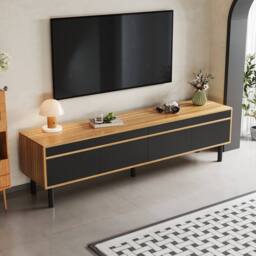 BTM 4-Door TV Cabinet in Black & Wood, Fine Texture in Natural - thumbnail 6