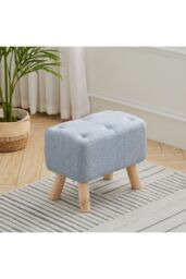 Living and Home Light Blue Linen Fabric Footstool Pouffe Ottoman with Pocket - thumbnail 2