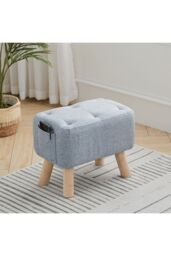 Living and Home Light Blue Linen Fabric Footstool Pouffe Ottoman with Pocket - thumbnail 1