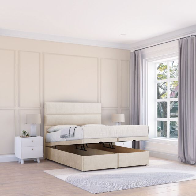 Sloomy Texas Plush Fabric Ottoman Bed End Opening With Sprung Memory Mattress & 26 Inch strut Headboard in Cream - Size: Small Double - image 1