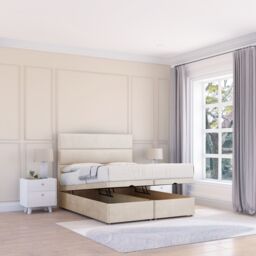 Sloomy Texas Plush Fabric Ottoman Bed End Opening With Sprung Memory Mattress & 26 Inch strut Headboard in Cream - Size: Small Double