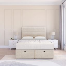 Sloomy Texas Plush Fabric Ottoman Bed End Opening With Sprung Memory Mattress & 26 Inch strut Headboard in Cream - Size: Small Double - thumbnail 2