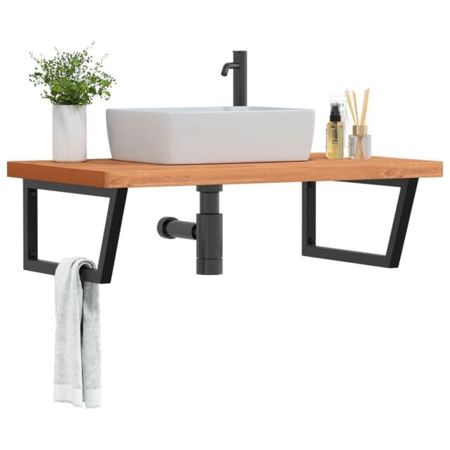 Berkfield Home Basin Shelf Wall Mounted Steel & Solid Wood Beech in Brown - image 1