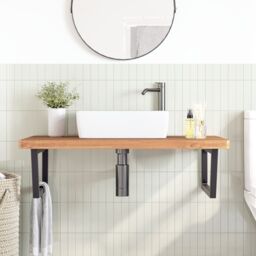 Berkfield Home Basin Shelf Wall Mounted Steel & Solid Wood Beech in Brown - thumbnail 3