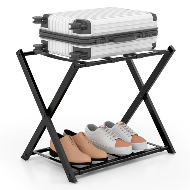 Gymax Folding Suitcase Stand Metal Luggage Rack Holder With Shelf & Belts in Black - image 1