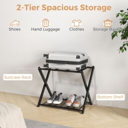 Gymax Folding Suitcase Stand Metal Luggage Rack Holder With Shelf & Belts in Black - thumbnail 3
