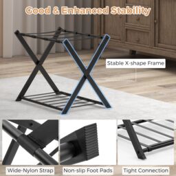 Gymax Folding Suitcase Stand Metal Luggage Rack Holder With Shelf & Belts in Black - thumbnail 6