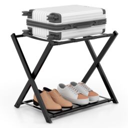 Gymax Folding Suitcase Stand Metal Luggage Rack Holder With Shelf & Belts in Black - thumbnail 1