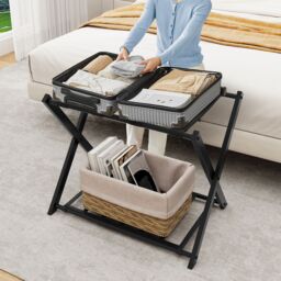 Gymax Folding Suitcase Stand Metal Luggage Rack Holder With Shelf & Belts in Black - thumbnail 4