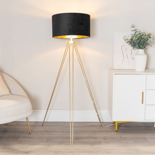 ValueLights Aero Hairpin Gold Tripod Floor Lamp with Velvet & Gold Drum Lamp Shade & Bulb in Black - image 1
