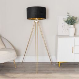 ValueLights Aero Hairpin Gold Tripod Floor Lamp with Velvet & Gold Drum Lamp Shade & Bulb in Black - thumbnail 3