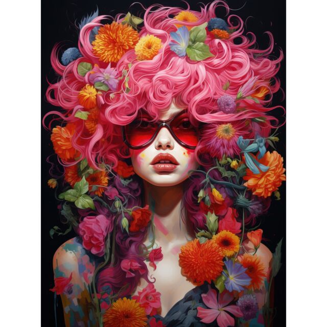 Artery8 Wall Art Print Flowerpunk Woman with Pink Hair & Flowers Vibrant Artwork Orange Pink Blue on Black High Detail Portrait Poster - image 1