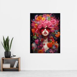 Artery8 Wall Art Print Flowerpunk Woman with Pink Hair & Flowers Vibrant Artwork Orange Pink Blue on Black High Detail Portrait Poster - thumbnail 2