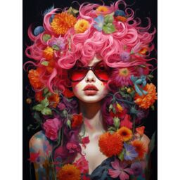 Artery8 Wall Art Print Flowerpunk Woman with Pink Hair & Flowers Vibrant Artwork Orange Pink Blue on Black High Detail Portrait Poster - thumbnail 1