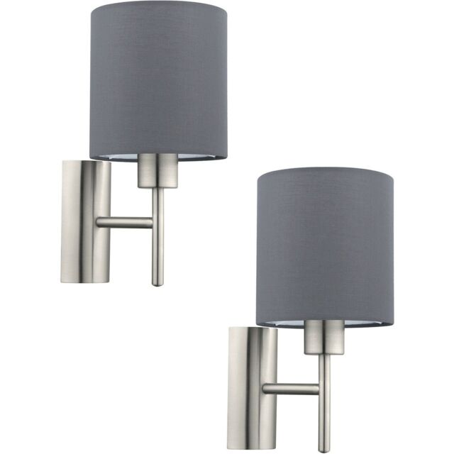 Loops 2 PACK Wall Light Colour Satin Nickel Shade Grey Fabric Rocker Switch E27 1x60W in Metallics - image 1