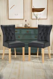 Living and Home Set of 2 Leather High Backrest Dining Chairs in Black