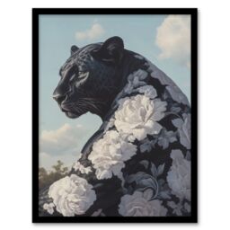 "Artery8 Black Panther White Rose Flower Pattern Fur Coat Framed Art Print - Size: W12"" x H16""" - thumbnail 1