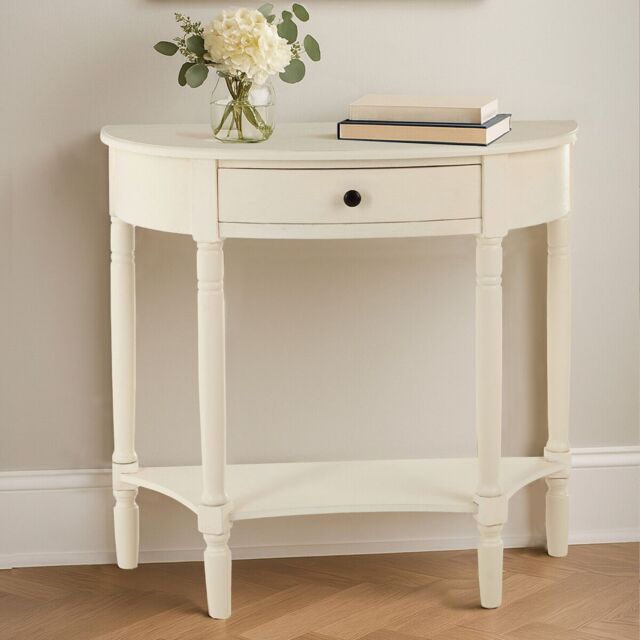 Orsina Rounded Console Table With One Rectangular Drawer for Hallway, Pine Wood Wood Table for Home & Office Décor in Off-White - image 1