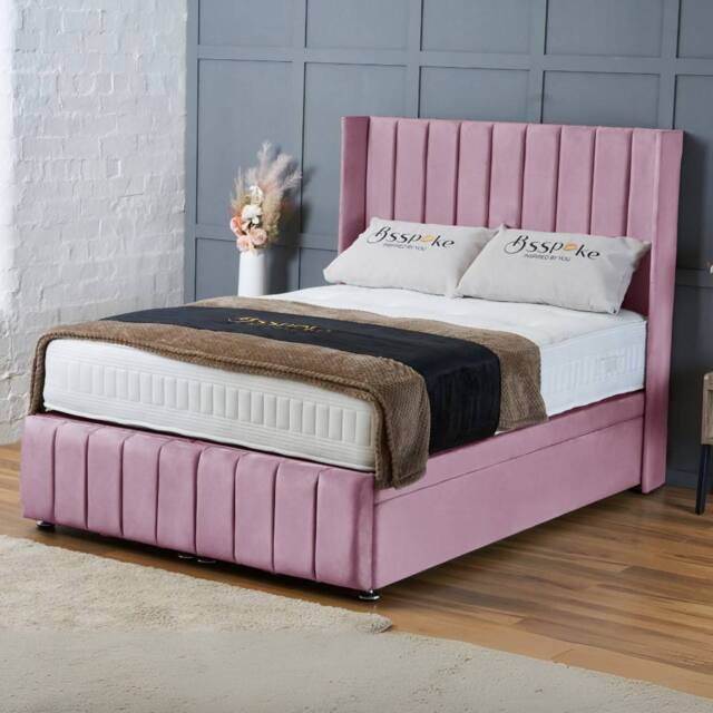 "BSSPOKE Zoe Ottoman Divan Bed Plush Velvet 54""Headboard &Footboard No Mattress in Pink - Size: Small Double" - image 1