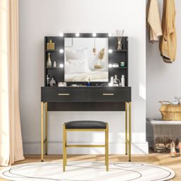 HOMCOM Makeup Vanity Desk Set with Lighted Mirror, Stool, Drawers, Black - thumbnail 2