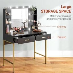 HOMCOM Makeup Vanity Desk Set with Lighted Mirror, Stool, Drawers, Black - thumbnail 6