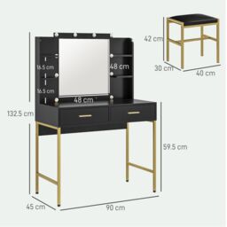 HOMCOM Makeup Vanity Desk Set with Lighted Mirror, Stool, Drawers, Black - thumbnail 3