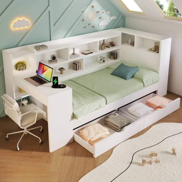 Matteo White Multi-functional Single Daybed with Bookcase, Desk & Storage - image 1