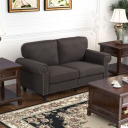 HOMCOM 2 Seater Sofa Couch Fabric Love Seat Sofa with Nailhead Trim in Brown - thumbnail 1