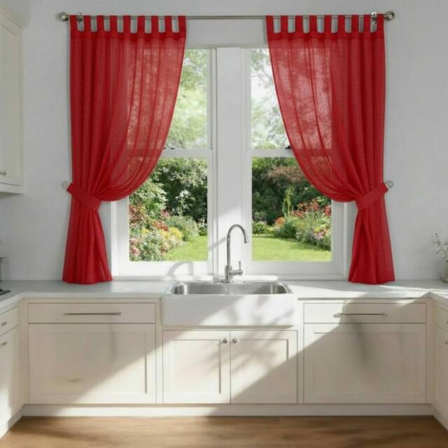Luxury Living Voile Tab Top Curtain Pair with Crystal Tie Backs Sheer Window Panels in Red - Size: 145 cm width x 183 cm drop - image 1