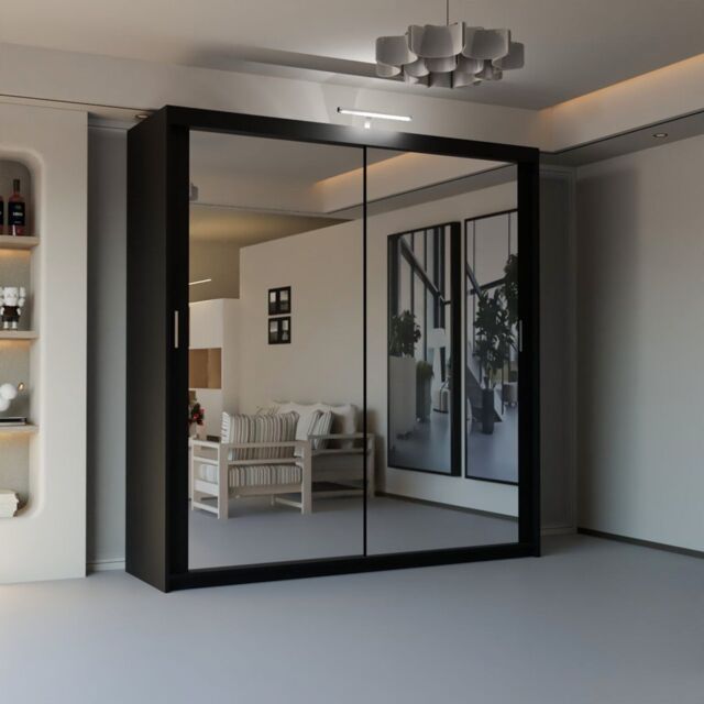 Sliding Wardrobes 4U Double Mirror Sliding Wardrobe With LED Light W150cm x H217cm x D62cm in Black - image 1