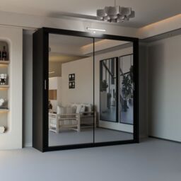 Sliding Wardrobes 4U Double Mirror Sliding Wardrobe With LED Light W150cm x H217cm x D62cm in Black