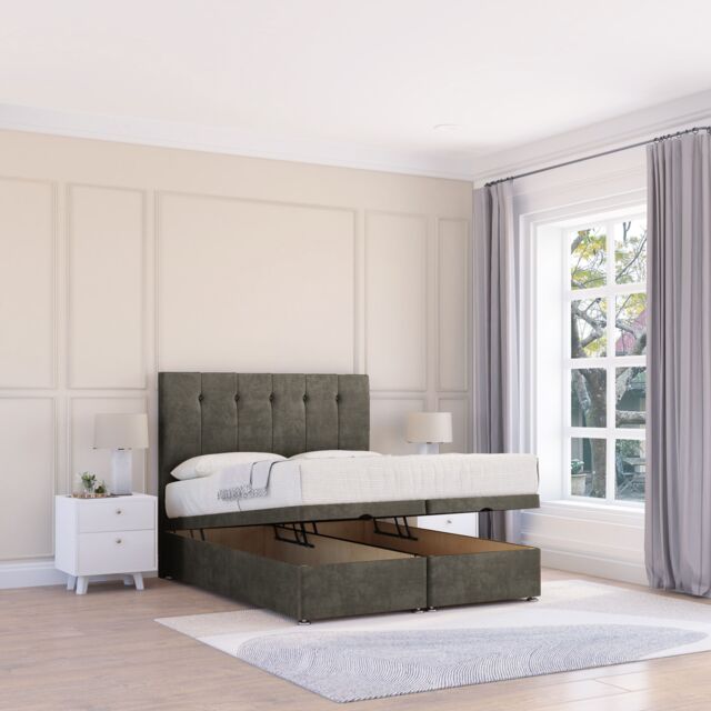 Sloomy Highbury Dumfries Fabric Ottoman Bed End Opening With Sprung Memory Mattress & 26 Inch strut Headboard in Dark Grey - Size: Small Single - image 1