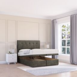 Sloomy Highbury Dumfries Fabric Ottoman Bed End Opening With Sprung Memory Mattress & 26 Inch strut Headboard in Dark Grey - Size: Small Single - thumbnail 1