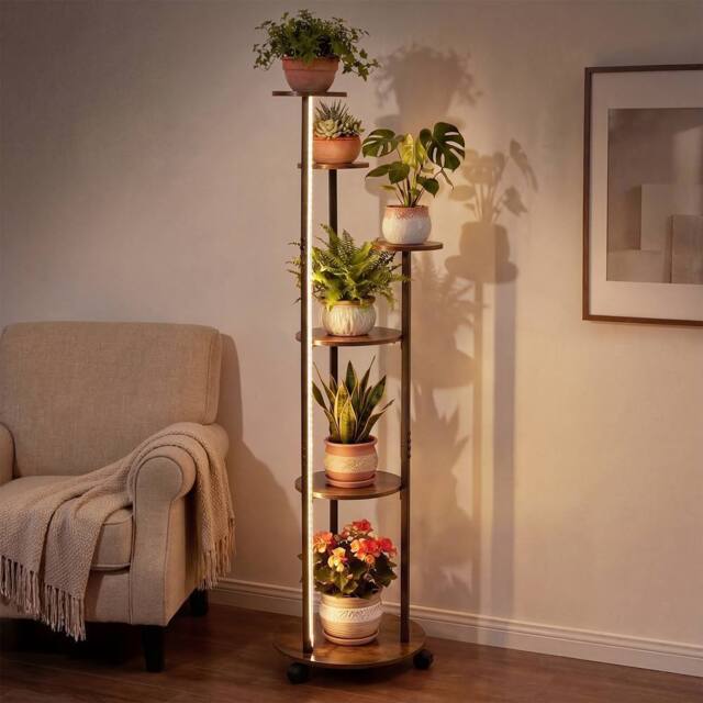 Gymax 6-Tier Indoor Plant Stand Round Shelf With Wheels 16-Color LED Lights in Brown - image 1