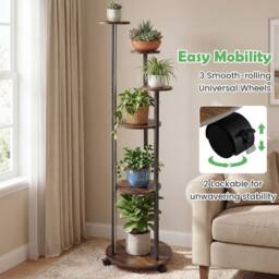 Gymax 6-Tier Indoor Plant Stand Round Shelf With Wheels 16-Color LED Lights in Brown - thumbnail 4
