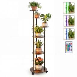 Gymax 6-Tier Indoor Plant Stand Round Shelf With Wheels 16-Color LED Lights in Brown - thumbnail 3