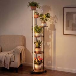 Gymax 6-Tier Indoor Plant Stand Round Shelf With Wheels 16-Color LED Lights in Brown