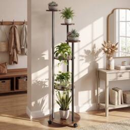 Gymax 6-Tier Indoor Plant Stand Round Shelf With Wheels 16-Color LED Lights in Brown - thumbnail 7