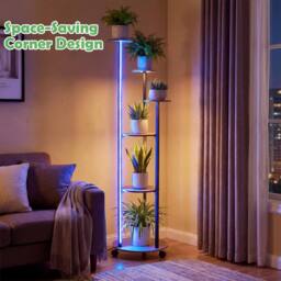 Gymax 6-Tier Indoor Plant Stand Round Shelf With Wheels 16-Color LED Lights in Brown - thumbnail 8