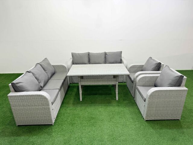 Fimous PE Rattan High Back Lounge Sofa Set Patio Rectangular Dining Table & Chairs Set with 3 Seater Sofa Reclining Chair Light Grey - image 1