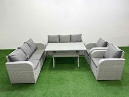 Fimous PE Rattan High Back Lounge Sofa Set Patio Rectangular Dining Table & Chairs Set with 3 Seater Sofa Reclining Chair Light Grey - thumbnail 1