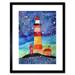 "Artery8 Wall Art Print Lighthouse On Starry Night Folk Art Watercolour Painting Artwork Framed 9X7 Inch in Black - Size: W7"" x H9""" - thumbnail 1