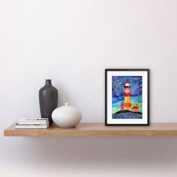 "Artery8 Wall Art Print Lighthouse On Starry Night Folk Art Watercolour Painting Artwork Framed 9X7 Inch in Black - Size: W7"" x H9""" - thumbnail 2