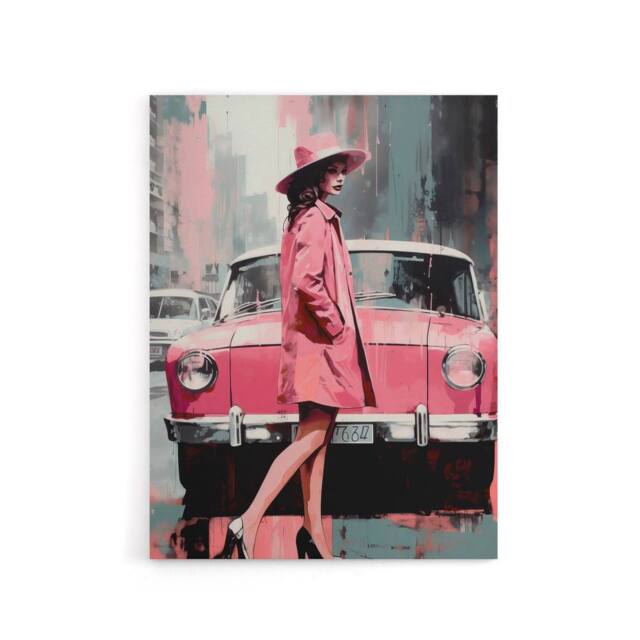 "Artery8 Woman & Pink Classic Car Retro Fashion Canvas Wall Art Print - Size: W18"" x H24""" - image 1