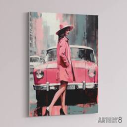 "Artery8 Woman & Pink Classic Car Retro Fashion Canvas Wall Art Print - Size: W18"" x H24""" - thumbnail 2